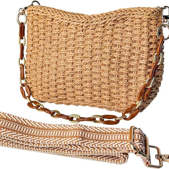 Women’s Straw Crossbody Bag Small Handwoven Summer Beach Handbag with Chain - Picture 6 of 9
